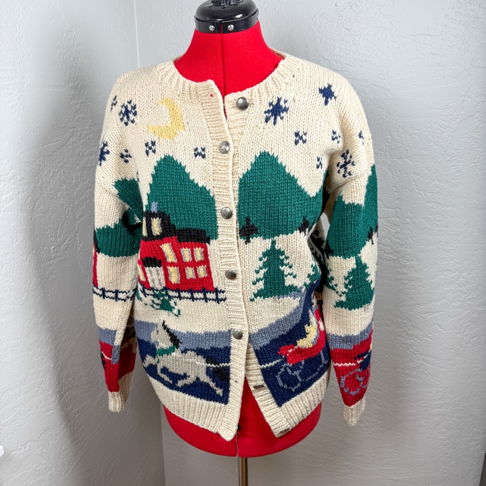 Vintage Eddie Bauer Winter Scenic Knit 100% Wool Cardigan Sweater Size L